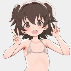 Rule 34 | 1girl, akagi miria, armpits, bikini, blush, brown eyes, brown hair, chocpocalypse, double v, flat chest, grey background, highres, idolmaster, idolmaster cinderella girls, looking at viewer, micro bikini, open mouth, paid reward available, short hair, simple background, sketch, smile, solo, swimsuit, two side up, v