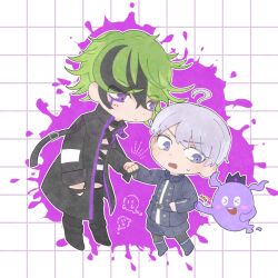Rule 34 | &gt; &lt;, 2boys, ahoge, aranranrock, averting eyes, bandaged chest, black hair, black jacket, black pants, blood, blood splatter, blue jacket, chibi, closed mouth, commentary request, crown, eyeliner, full body, ghost, green hair, hair between eyes, height difference, highres, holding hands, horns, jacket, laughing, long sleeves, looking at another, makeup, male focus, master detective archives: rain code, multicolored hair, multiple boys, open mouth, pants, pink blood, purple eyeliner, purple eyes, purple hair, shinigami (ghost) (rain code), shinigami (rain code), short hair, smile, standing, streaked hair, vivia twilight, yuma kokohead