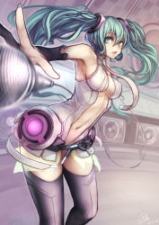 Rule 34 | 1girl, aqua eyes, aqua hair, armpits, breasts, center opening, evan yang, female focus, hatsune miku, hatsune miku (append), long hair, microphone, navel, necktie, solo, thighhighs, twintails, vocaloid, vocaloid append