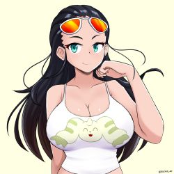 Rule 34 | 1girl, aqua eyes, black hair, breasts, cleavage, digimon, digimon tamers, eyewear on head, forehead, hair pulled back, highres, jarckius, large breasts, long hair, nico robin, one piece, smile, solo, sunglasses, tank top, terriermon, twitter username, upper body, white tank top, yellow background