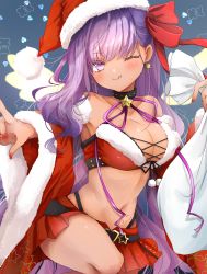 Rule 34 | 1girl, absurdres, bare shoulders, bb (fate), bb (fate) (all), bb (swimsuit mooncancer) (fate), bb (swimsuit mooncancer) (second ascension) (fate), bell, blonde hair, blush, breasts, choker, cleavage, closed mouth, collarbone, cosplay, dark-skinned female, dark skin, detached sleeves, earrings, energy wings, fate/grand order, fate/grand order arcade, fate (series), fur trim, hair ribbon, hat, highres, jewelry, large breasts, licking lips, long hair, looking at viewer, nail polish, neck bell, neck ribbon, one eye closed, purple eyes, purple hair, purple ribbon, ribbon, sack, santa costume, santa hat, smile, solo, star (symbol), star earrings, suzuka gozen (fate), suzuka gozen (santa) (fate), suzuka gozen (santa) (fate) (cosplay), tan, tongue, tongue out, touko 56, very long hair, wide sleeves, wings