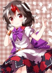 Rule 34 | 1girl, arrow (symbol), black hair, bow, bowtie, brown background, closed mouth, cowboy shot, grey horns, hair between eyes, highres, horns, kijin seija, looking at viewer, multicolored hair, petticoat, plaid, plaid background, pointing, pointing up, purple bow, purple bowtie, red eyes, red hair, ribbon-trimmed bow, ruu (tksymkw), shirt, skirt, smile, solo, standing, streaked hair, touhou, white hair, white shirt, white skirt