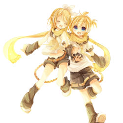 Rule 34 | 1boy, 1girl, aqua eyes, arm warmers, bare shoulders, blonde hair, brother and sister, closed eyes, hair ornament, hair ribbon, hairclip, headphones, highres, inaresi, kagamine len, kagamine rin, leg warmers, navel, necktie, open mouth, ribbon, sailor collar, scarf, short hair, shorts, siblings, smile, twins, vocaloid, yellow necktie, yellow scarf