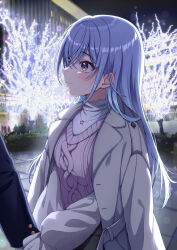 Rule 34 | 1girl, absurdres, blue hair, blush, closed mouth, coat, coat on shoulders, crossed bangs, hair between eyes, highres, holding hands, idolmaster, idolmaster shiny colors, jewelry, long hair, long sleeves, looking at another, necklace, night, producer (idolmaster), purple eyes, ribbed sweater, smile, solo focus, sorugi park, straight hair, suzuki hana, sweater, white coat