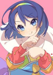 Rule 34 | 1girl, absurdres, blue eyes, blue hair, blush, cloak, closed mouth, dress, e sdss, fingernails, hairband, highres, long sleeves, multicolored clothes, multicolored dress, multicolored hairband, pink background, rainbow gradient, short hair, simple background, smile, solo, tenkyuu chimata, tongue, tongue out, touhou, upper body, white cloak