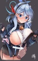Rule 34 | 1boy, 1girl, ahoge, ako (blue archive), bell, black gloves, blue archive, blue eyes, blue hair, blush, bow, breasts, breasts out, closed mouth, collar, commentary request, cowboy shot, earrings, garter straps, gloves, grey background, hair between eyes, hair ornament, hairband, halo, hetero, highres, jacket, jewelry, large breasts, long hair, long sleeves, looking at viewer, midori (misuriru8), neck bell, nipples, one breast out, open clothes, sideboob, simple background, solo focus, sweat, thighhighs