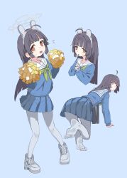Rule 34 | 1girl, animal ears, black hair, blue archive, fake animal ears, feet, hairband, highres, long hair, looking at viewer, miyu (blue archive), no shoes, open mouth, own hands clasped, pantyhose, parted lips, pom pom (cheerleading), red eyes, school uniform, serafuku, soles