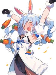 Rule 34 | 1girl, animal ear fluff, animal ears, arm garter, armpits, arms up, black gloves, black leotard, blue hair, blush, bow, braid, breasts, brown pantyhose, carrot, carrot hair ornament, closed eyes, commentary, cowboy shot, don-chan (usada pekora), dress, food-themed hair ornament, fur-trimmed dress, fur-trimmed gloves, fur trim, gloves, hair ornament, hair ribbon, happy, highres, hololive, leotard, leotard under clothes, light blue hair, long hair, multicolored hair, open mouth, pantyhose, playboy bunny, pom pom (clothes), rabbit ears, rabbit girl, rabbit tail, ribbon, sanununeno, simple background, small breasts, solo, sparkle, strapless, strapless dress, strapless leotard, tail, thick eyebrows, tress ribbon, twin braids, twintails, two-tone hair, usada pekora, usada pekora (1st costume), virtual youtuber, white background, white bow, white dress, white hair