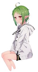 Rule 34 | 1girl, absurdres, ahoge, black shorts, closed mouth, elf, green hair, highres, hood, hooded jacket, invisible chair, jacket, mushi (1756559585), mushoku tensei, pointy ears, red eyes, shorts, simple background, sitting, smile, solo, sylphiette (mushoku tensei), white background, white jacket