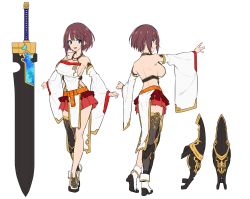 Rule 34 | 1girl, :d, absurdres, armor, baffu, bare shoulders, black thighhighs, blue eyes, boots, breasts, brown hair, character sheet, detached sleeves, flat color, greaves, hair ornament, halterneck, highres, hitoyo (baffu), huge weapon, large breasts, looking at viewer, multiple views, open mouth, original, outstretched arms, pelvic curtain, pleated skirt, short hair, sideboob, simple background, single greave, single thighhigh, skirt, smile, standing, thighhighs, weapon, white background, wide sleeves