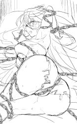 Rule 34 | 1girl, angry, armpits, ass, blush, breasts, chain, clenched teeth, highres, long hair, monochrome, open mouth, restrained, short shorts, shorts, tales of (series), tales of berseria, teeth, underboob, velvet crowe, very long hair