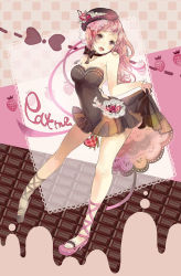 Rule 34 | 1girl, ankle lace-up, bare shoulders, bow, bowtie, breasts, chocolate, clothes lift, cross-laced footwear, dress, dress lift, gift, hat, heart, holding, large breasts, legs, long hair, looking at viewer, open mouth, original, pink eyes, pink hair, sakuragi kei, skirt hold, solo