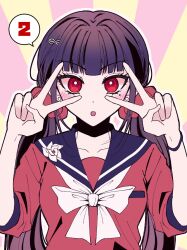 Rule 34 | 1girl, :o, black sailor collar, blush, bow, bowtie, breast pocket, breasts, danganronpa (series), danganronpa v3: killing harmony, double v, earrings, grey bow, grey bowtie, hair ornament, hair scrunchie, hands up, harukawa maki, highres, jewelry, long hair, looking at viewer, mole, mole under eye, pocket, red eyes, red scrunchie, red shirt, sailor collar, satori (aosky9077), scrunchie, shirt, small breasts, spoken number, v, white background