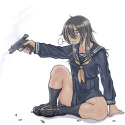 Rule 34 | 1girl, arm support, black footwear, black hair, black sailor collar, black serafuku, black shirt, black skirt, black socks, brown neckerchief, cb (c-board), full body, gun, hair between eyes, handgun, highres, holding, holding gun, holding weapon, loafers, long hair, long sleeves, neckerchief, original, parted lips, pleated skirt, purple eyes, ribbed legwear, sailor collar, school uniform, serafuku, shadow, shell casing, shirt, shoes, sigh, simple background, sitting, skirt, smoke, smoking barrel, socks, solo, sweat, thick eyebrows, thick thighs, thighs, wavy mouth, weapon, weapon request, white background