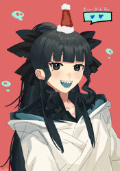 Rule 34 | 1girl, artemis of the blue, atelier live, billyonthestraw, black eyes, black hair, blue tongue, blunt bangs, character name, christmas, colored tongue, ear piercing, hair behind ear, hair ribbon, hat, heart, highres, hood, hood down, hoodie, looking at viewer, mole, mole under eye, open mouth, piercing, ponytail, red background, ribbon, santa hat, shark fin, shark girl, sharp teeth, solo, teeth, virtual youtuber, wavy sidelocks, white hoodie