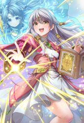 Rule 34 | 2girls, :d, book, brooch, cape, circlet, commentary request, dress, feet out of frame, fire emblem, fire emblem: radiant dawn, jewelry, long hair, long sleeves, looking at viewer, micaiah (fire emblem), multiple girls, nintendo, open mouth, pink cape, smile, standing, ten (tenchan man), thighs, very long hair, white dress, white hair, yellow eyes, yune (fire emblem)