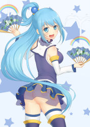 Rule 34 | 1girl, :d, anarchojs, aqua (konosuba), ass, bare shoulders, black footwear, blue background, blue dress, boots, breasts, commentary request, cowboy shot, detached sleeves, dress, folding fan, from behind, hair rings, hand fan, highres, holding, holding fan, kono subarashii sekai ni shukufuku wo!, long hair, long sleeves, looking back, medium breasts, no panties, open mouth, rainbow, short dress, simple background, sleeveless, sleeveless dress, smile, solo, standing, star (symbol), tareme, thigh boots, thighhighs, upskirt, water, white thighhighs