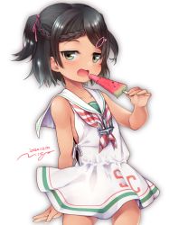 Rule 34 | 1girl, black eyes, black hair, braid, commentary request, cowboy shot, dated, dress, eating, food, hair ornament, hairclip, kantai collection, mole, mole under eye, n:go, neckerchief, open mouth, popsicle, sailor collar, sailor dress, scirocco (kancolle), short hair, signature, simple background, sleeveless, sleeveless dress, solo, striped neckerchief, striped neckwear, tan, two side up, watermelon bar, white background, white dress, white sailor collar