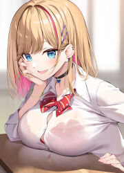 Rule 34 | 1girl, black choker, blonde hair, blue eyes, blurry, blurry background, bow, bowtie, bra, bra visible through clothes, breasts, button gap, buttons, cheek rest, choker, collared shirt, colored inner hair, ear piercing, earrings, hair ornament, hairclip, head rest, highres, jewelry, large breasts, long hair, long sleeves, looking at viewer, multicolored hair, open mouth, original, oryo (oryo04), piercing, pink hair, red bra, shirt, smile, solo, streaked hair, underwear, white shirt