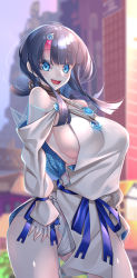 Rule 34 | 1girl, arched back, bare shoulders, black hair, blue eyes, blue ribbon, blunt bangs, blush, breasts, cityscape, collarbone, dress, fate/grand order, fate/requiem, fate (series), highleg, highres, jewelry, large breasts, long sleeves, looking at viewer, magatama, medium hair, multicolored hair, necklace, off shoulder, open mouth, outdoors, pink hair, ribbon, seigaiha, short dress, sideboob, sidelocks, smile, solo, streaked hair, thighs, two-sided fabric, two-sided skirt, utsumi erice, watosu, white dress
