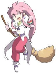 Rule 34 | 1girl, arche klein, belt, bracelet, broom, dokan (dkn), earrings, elbow gloves, full body, gloves, highres, jewelry, long hair, looking at viewer, open mouth, pants, pink eyes, pink hair, pink pants, ponytail, simple background, smile, solo, tales of (series), tales of phantasia, white background, wide ponytail