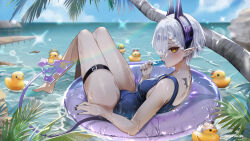 Rule 34 | 1girl, absurdres, back, barefoot, black nails, blue one-piece swimsuit, blush, breasts, covered navel, cray (vtuber), dock, ear piercing, earrings, eyeliner, food, food in mouth, hair over one eye, haowei wu, highres, holding, holding food, horns, innertube, jewelry, looking at viewer, lying, makeup, medium breasts, mole, mole under eye, nkshoujo, ocean, on back, one-piece swimsuit, palm tree, piercing, pointy ears, popsicle, rubber duck, short hair, solo, swim ring, swimsuit, tail, thigh strap, tree, virtual youtuber, white hair, yellow eyes