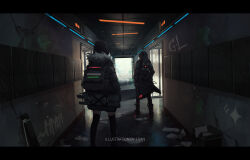 Rule 34 | 1girl, 1other, artist name, backpack, bag, black coat, black jacket, black thighhighs, boots, coat, commentary, day, english commentary, english text, franlol, from behind, fur-trimmed jacket, fur trim, graffiti, hallway, highres, hood, hood up, indoors, jacket, letterboxed, original, standing, thighhighs