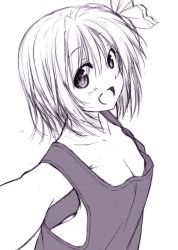 Rule 34 | 1girl, :d, arched back, ass, bare shoulders, blush, breasts, cleavage, collarbone, commentary request, downblouse, fang, from side, hair between eyes, hair ribbon, looking at viewer, monochrome, no bra, nori tamago, open mouth, outstretched arms, ribbon, rumia, short hair, simple background, sketch, small breasts, smile, solo, tank top, touhou, unfinished, upper body, white background