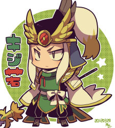 Rule 34 | 1boy, brown eyes, chibi, chibi only, closed mouth, dated, full body, helmet, holding, holding polearm, holding weapon, kotorai, looking ahead, ma chao, male focus, no nose, polearm, ponytail, shin sangoku musou, signature, solo, standing, star (symbol), translation request, weapon, white hair