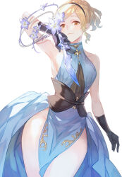 Rule 34 | 1girl, a082, arm up, bare shoulders, black gloves, blonde hair, breasts, brown eyes, closed mouth, corset, cowboy shot, dagger, djeeta (granblue fantasy), dress, earrings, flower, gloves, granblue fantasy, groin, hairband, holding, holding dagger, holding knife, holding weapon, jewelry, knife, looking at viewer, pelvic curtain, short hair, side slit, sideboob, simple background, sleeveless, sleeveless dress, small breasts, smart elegance (granblue fantasy), smile, solo, thighhighs, weapon, white background