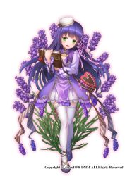 Rule 34 | 1girl, book, copyright notice, dress, flower, flower knight girl, green eyes, hat, lavender (flower), lavender (flower knight girl), long hair, looking at viewer, nakaishow, name connection, object namesake, open book, open mouth, purple hair, solo, thighhighs, walking, watermark, white background, white hat, white thighhighs