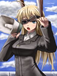 Rule 34 | 1girl, ahoge, blonde hair, blue eyes, cloud, day, fuu maumau, goggles, hanna-justina marseille, head wings, highres, long hair, megaphone, military, military uniform, signature, sky, solo, strike witches, uniform, wings, witches of africa, world witches series