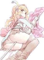 Rule 34 | 1girl, between legs, blonde hair, blue eyes, blush, boots, braid, cape, feathers, flag, gauntlets, grand knights history, hat, lisha stalake, long hair, looking back, lying, nagian, panties, solo, thigh boots, thighhighs, underwear