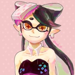 Rule 34 | + +, 1girl, :3, bare arms, bare shoulders, black dress, black hair, breasts, callie (splatoon), cleavage, collarbone, detached collar, domino mask, dress, earrings, female focus, hanada (cobalt003), hat, inkling player character, jewelry, looking at viewer, mask, mole, mole under eye, neck, nintendo, orange eyes, pink background, pointy ears, polka dot, polka dot background, smile, solo, splatoon (series), strapless, strapless dress, symbol-shaped pupils, upper body