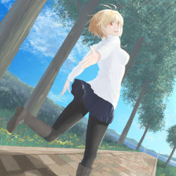 Rule 34 | 1girl, :d, antenna hair, arcueid brunestud, ass, back, black pantyhose, blonde hair, blue skirt, boots, breasts, brown footwear, clothes lift, dappled sunlight, day, dutch angle, feet up, from behind, highres, jewelry, knee boots, looking at viewer, looking back, miniskirt, mountainous horizon, necklace, open mouth, outdoors, outstretched hand, pantyhose, path, pleated skirt, reaching, reaching towards viewer, red eyes, road, running, sett, short hair, sikiwa, skirt, skirt lift, smile, solo, sunlight, sweater, tree, tsukihime, tsukihime (remake), turtleneck, turtleneck sweater, white sweater