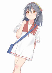 Rule 34 | 1girl, aged down, bag, black hair, breasts, brown eyes, commentary request, dress, feet out of frame, gold hairband, hairband, haruna (kancolle), highres, kantai collection, medium breasts, red sailor collar, sailor collar, sailor dress, sakurai nana (moshichi), simple background, solo, white background, white dress