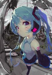 Rule 34 | 1girl, bare shoulders, black thighhighs, close-up, fisheye, hatsune miku, headphones, mont blanca, necktie, road, solo, street, thighhighs, twintails, unfinished, vocaloid