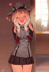 Rule 34 | 10s, 1girl, :d, ^ ^, admiral (kancolle), blew andwhite, blonde hair, blush, breasts, closed eyes, crossed bangs, gloves, hair between eyes, hair ornament, hands on own cheeks, hands on own face, hat, heart, highres, kantai collection, large breasts, long hair, lovestruck, open mouth, peaked cap, prinz eugen (kancolle), skirt, smile, thighs, twintails, uniform, white gloves