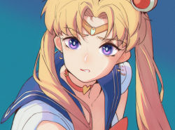 Rule 34 | 1girl, bishoujo senshi sailor moon, blonde hair, blue background, blue sailor collar, bright pupils, choker, circlet, clenched teeth, derivative work, earrings, from side, hair ornament, heart, heart choker, highres, jewelry, lan mao akko, long hair, looking at viewer, looking to the side, meme, purple eyes, red choker, sailor collar, sailor moon, sailor moon redraw challenge (meme), school uniform, serafuku, shirt, short sleeves, simple background, solo, teeth, tsukino usagi, twintails, white pupils, white shirt