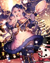 Rule 34 | 1girl, :d, beads, blue bow, blue eyes, blue scarf, blurry, boots, bow, breasts, capelet, christmas, christmas ornaments, christmas tree, cleavage, cloak, cloud, cloudy sky, company name, depth of field, dress, earmuffs, eyebrows, fur trim, gem, gyakushuu no fantasica, hair bow, hairband, holding, holding spoon, hood, hood down, hooded cloak, house, jewelry, katagiri hachigou, large breasts, long hair, mittens, moon, night, official art, open mouth, outdoors, oversized object, pantyhose, pom pom (clothes), red scarf, scarf, sky, smile, snow, snowing, snowman, solo, spoon, star (symbol), thighhighs, upskirt, very long hair, white background, white thighhighs, window