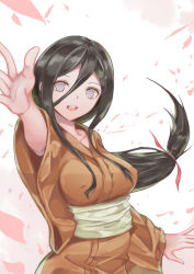 Rule 34 | 10s, 1girl, :d, absurdres, black hair, boruto: naruto next generations, boruto: naruto the movie, breasts, commentary request, covered erect nipples, highres, hyuuga hanabi, japanese clothes, kimono, large breasts, long hair, looking at viewer, louie (sun737373), low-tied long hair, naruto, naruto (series), no pupils, open mouth, outstretched hand, petals, purple eyes, smile, solo, very long hair, yukata