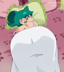 Rule 34 | 1girl, artist name, ass, ass focus, back, bed, blush, cosmic baton girl comet-san, dated, dress, female focus, green hair, highres, huge ass, indoors, looking at viewer, meteor (comet-san), nanaeljustice, pillow, red eyes, solo, white dress