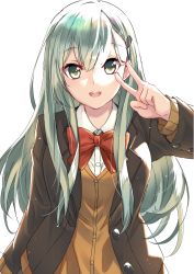 Rule 34 | 10s, 1girl, :d, blouse, brown jacket, brown skirt, brown sweater, buttons, green eyes, green hair, hair ornament, hairclip, jacket, jun project, kantai collection, long hair, long sleeves, neck ribbon, open mouth, pleated skirt, red ribbon, remodel (kantai collection), ribbon, school uniform, shirt, simple background, skirt, smile, solo, suzuya (kancolle), sweater, v, white background, white shirt