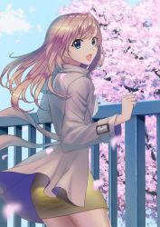 Rule 34 | 1girl, :d, ass, blonde hair, blue eyes, blue sky, blurry, blurry foreground, cherry blossoms, coat, cowboy shot, day, floating hair, grey coat, long hair, long sleeves, looking at viewer, miniskirt, open clothes, open coat, open mouth, original, outdoors, pencil skirt, petals, shirt, skirt, sky, smile, solo, standing, sterilizedgauze-qhx, white shirt, yellow skirt