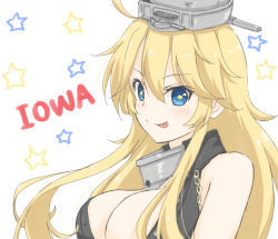 Rule 34 | 1girl, ahoge, artist request, bad id, bad pixiv id, blonde hair, blue eyes, breasts, cleavage, front-tie top, hair between eyes, headgear, iowa (kancolle), kantai collection, large breasts, long hair, looking at viewer, sleeveless, solo, star-shaped pupils, star (symbol), symbol-shaped pupils, tongue, tongue out