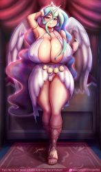 Rule 34 | 1girl, absurdres, angel wings, aqua hair, bare shoulders, blue hair, blush, breasts, cameltoe, celestia (my little pony), cleavage, cleft of venus, covered erect nipples, curvy, door, gigantic breasts, highres, horns, long hair, looking at viewer, multicolored hair, my little pony, my little pony: friendship is magic, parted lips, personification, pink eyes, purple hair, sandals, single horn, smile, solo, spindles, standing, thick thighs, thighs, toes, very long hair, wide hips, wings