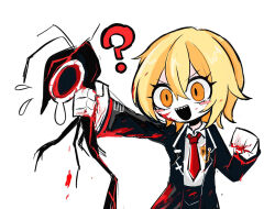 Rule 34 | 1girl, :d, ?, black coat, blonde hair, blood, blood on clothes, blood on face, blush stickers, coat, collared shirt, colored skin, commentary request, crossed bangs, don quixote (project moon), flying sweatdrops, hair between eyes, hatosabure, holding, limbus company, long sleeves, necktie, no nose, open clothes, open coat, open mouth, orange eyes, peccatulum irae, project moon, red necktie, sharp teeth, shirt, short hair, smile, teeth, v-shaped eyebrows, white background, white shirt, white skin