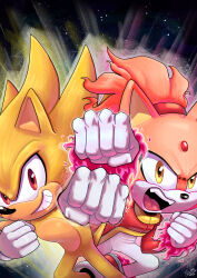 Rule 34 | 1boy, 1girl, absurdres, blaze the cat, burning blaze, clenched hand, fang, forehead jewel, furry, furry female, furry male, gold necklace, highres, jacket, jewelry, looking at viewer, necklace, nigmafrankie, open mouth, pants, pink fur, ponytail, raised fist, red eyes, red jacket, smirk, sonic (series), sonic rush, sonic rush adventure, sonic the hedgehog, super sonic, white pants, yellow eyes, yellow fur