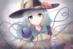 Rule 34 | 1girl, black hat, commentary request, flower, frilled shirt collar, frills, green eyes, green hair, grey background, hair between eyes, hat, hat flower, hat rose, heart, heart of string, komeiji koishi, long hair, looking at viewer, minust, petals, red flower, red rose, rose, shirt, smile, solo, third eye, touhou, upper body, yellow shirt