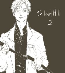Rule 34 | 1boy, collared shirt, holding, holding smoking pipe, jacket, james sunderland, limited palette, looking at viewer, lowres, male focus, open clothes, open collar, open jacket, shirt, silent hill, silent hill (series), silent hill 2, smoking pipe, worried